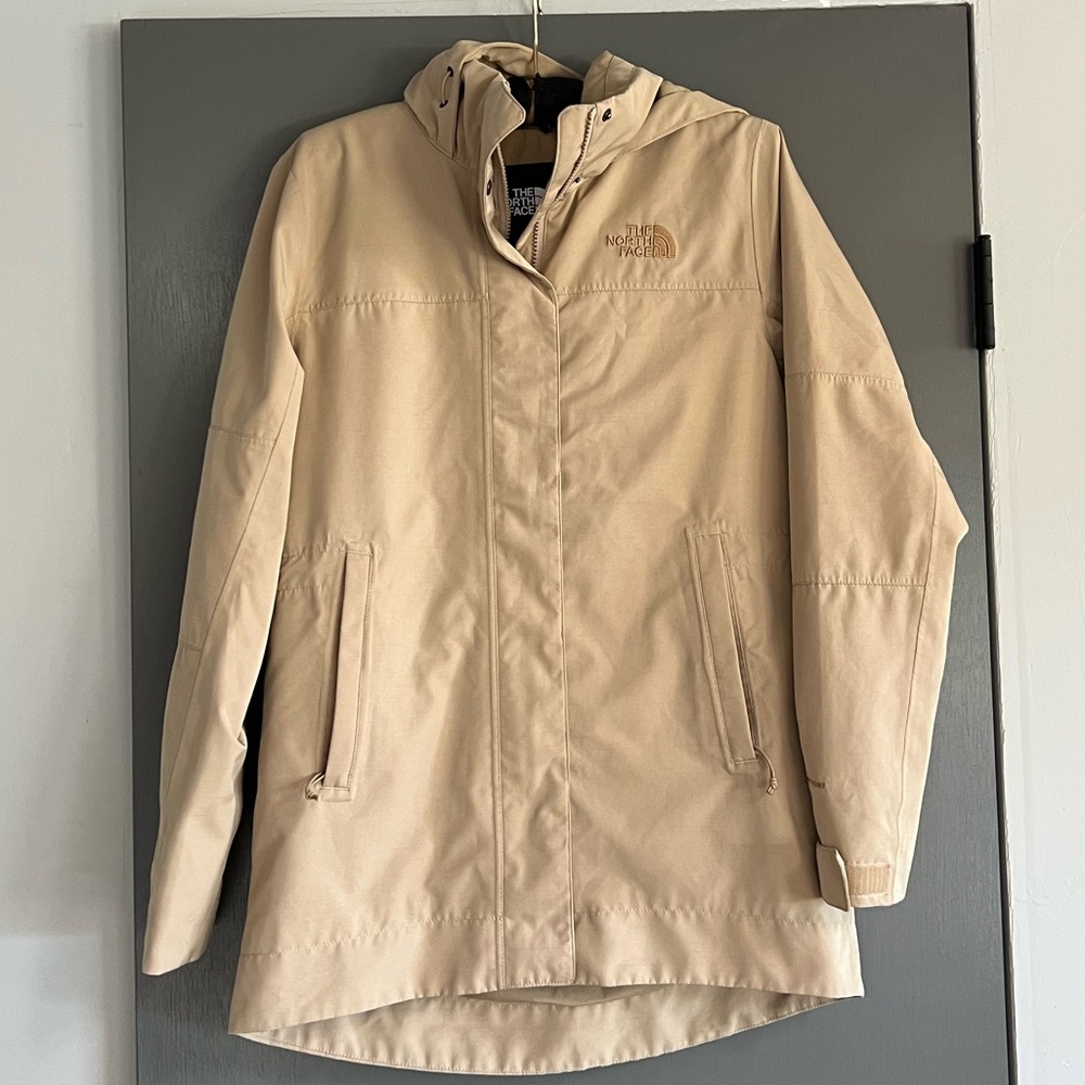 The North Face Beige Hooded Parka Jacket.